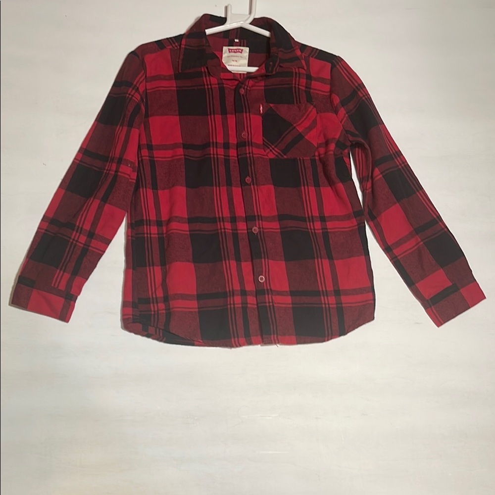 Levi’s Boys Flannel Shirt Size 14/16 Red Black Plaid Buffalo Check Button Down